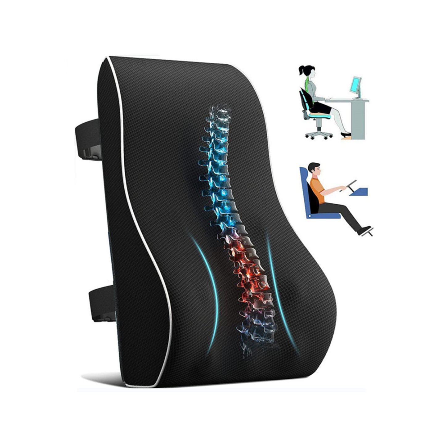 Black Ergonomic Lumbar Entire Support Pillow, Memory Foam Back Cushion Suitable for Home, Office, Car, Wheelchair, Backrest with Breathable and Skin-friendly 3D Mesh Cover & Dual Adjustable Straps