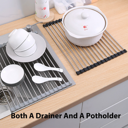 Portable Roll Up Large Dish Drying Rack Over Sink, Multipurpose Foldable Kitchen Sink  Drainers Mat Stainless Steel with Silicone Rims for Dishes, Cups, Fruits, Vegetables