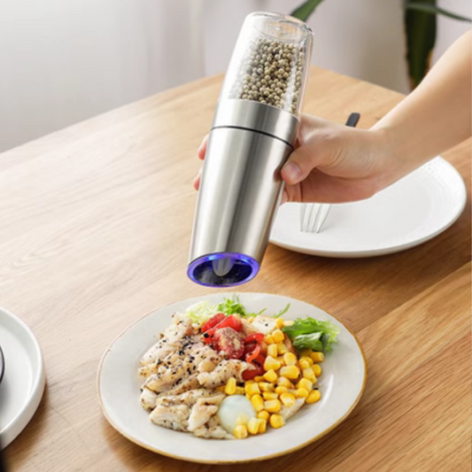 Gravity Electric Salt & Pepper Grinder Mill [Set of 2] with Blue LED Light, Flip to Grind, One-Hand Operation, and Adjustable Coarseness with Automatic Battery Powered