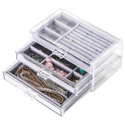 Clear Acrylic Velvet Jewelry Organizer Box with 3 Drawers, Stackable Display Storage Earrings Necklace Rings Bangle Bracelets Boxes Holder Case for Women