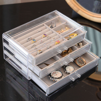 Clear Acrylic Velvet Jewelry Organizer Box with 3 Drawers, Stackable Display Storage Earrings Necklace Rings Bangle Bracelets Boxes Holder Case for Women