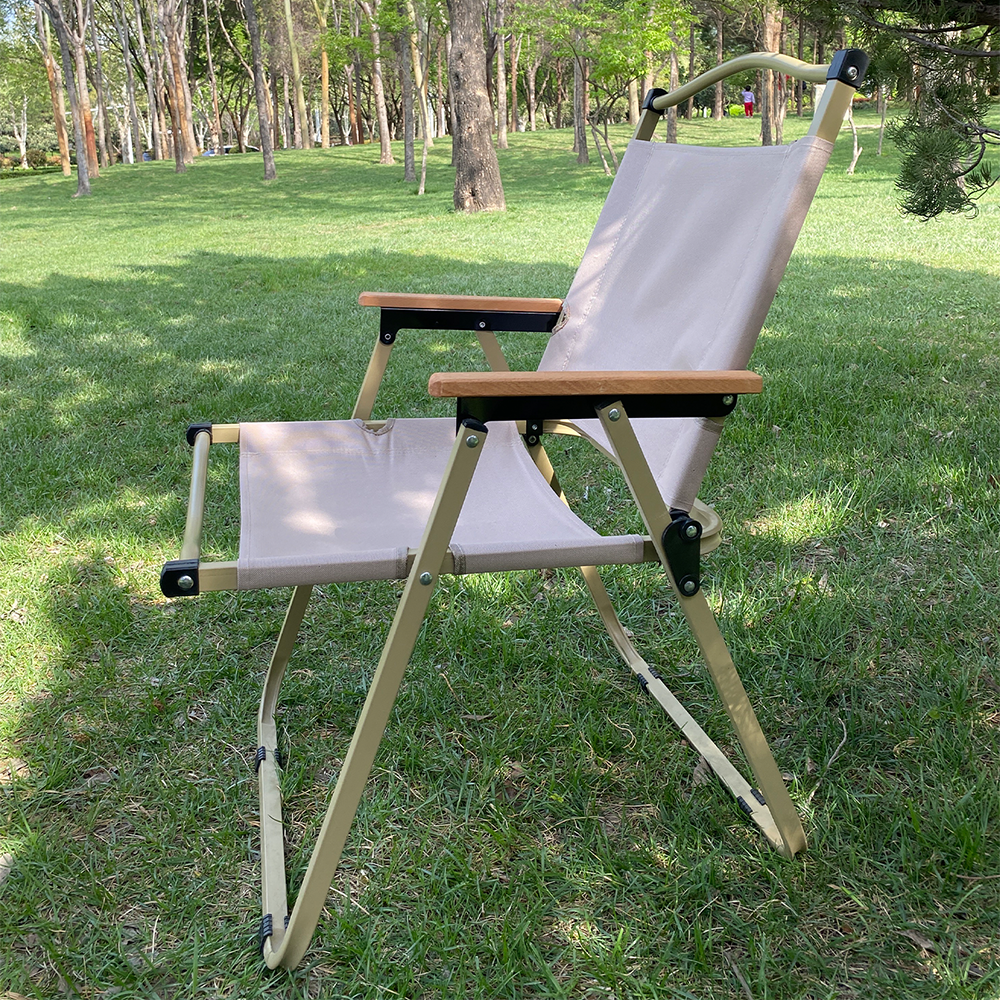 Outdoor Furniture Kermit Portable Folding Beach Chair with Wood Armrest Metal Frame Great for Camping Hiking Picnic Park, Beige