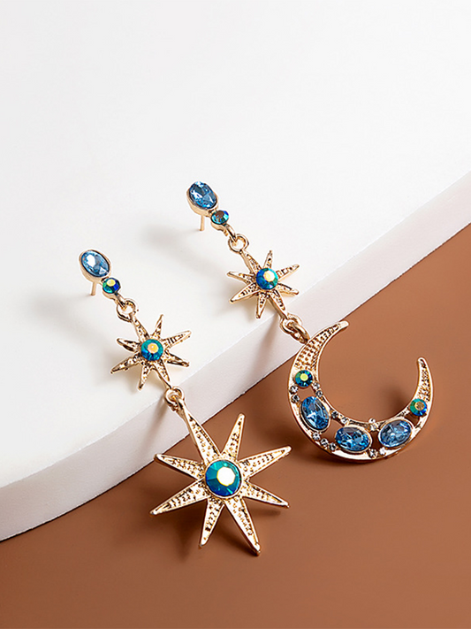 Exaggerated Luxury Sun Moon Star Earrings for Women Vintage Gold Plated Asymmetrical Metal Blue Crystal Drop Dangle Earring